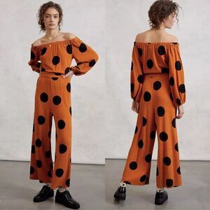 Farm Rio orange black polka dot Mirana off the shoulder flowy wide leg jumpsuit